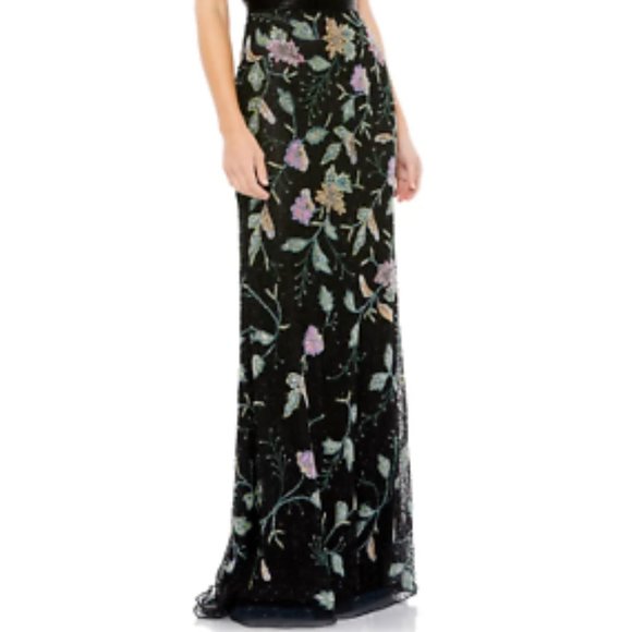 MAC DUGGAL FLORAL BEADED TULLE COLUMN GOWN BLACK MULTI DRESS sz 2 - Picture 5 of 6